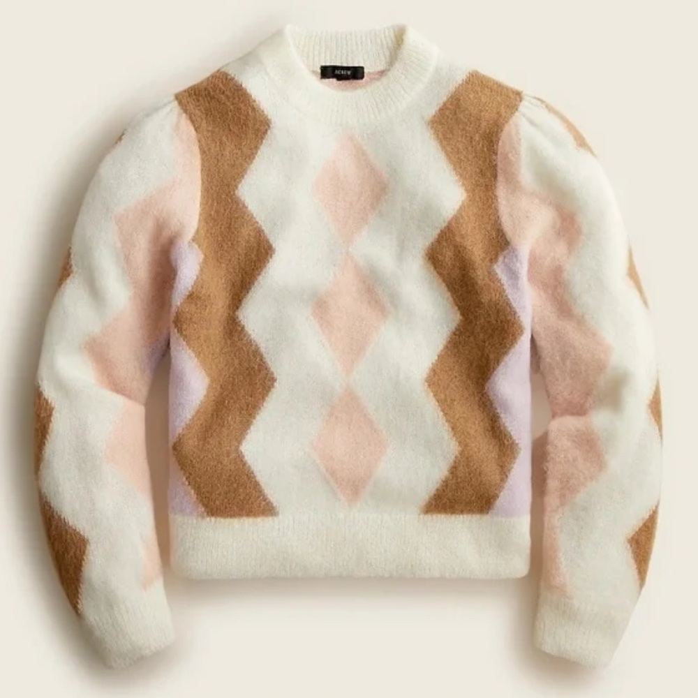 J.Crew Women’s Med Alpaca Blend Diamond Checked Cropped Crewneck Sweater Palest